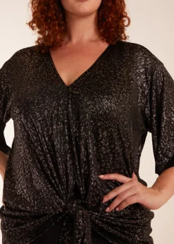 Tops>Blue Vanilla Gold Curve Leopard V Neck Tie Front Top