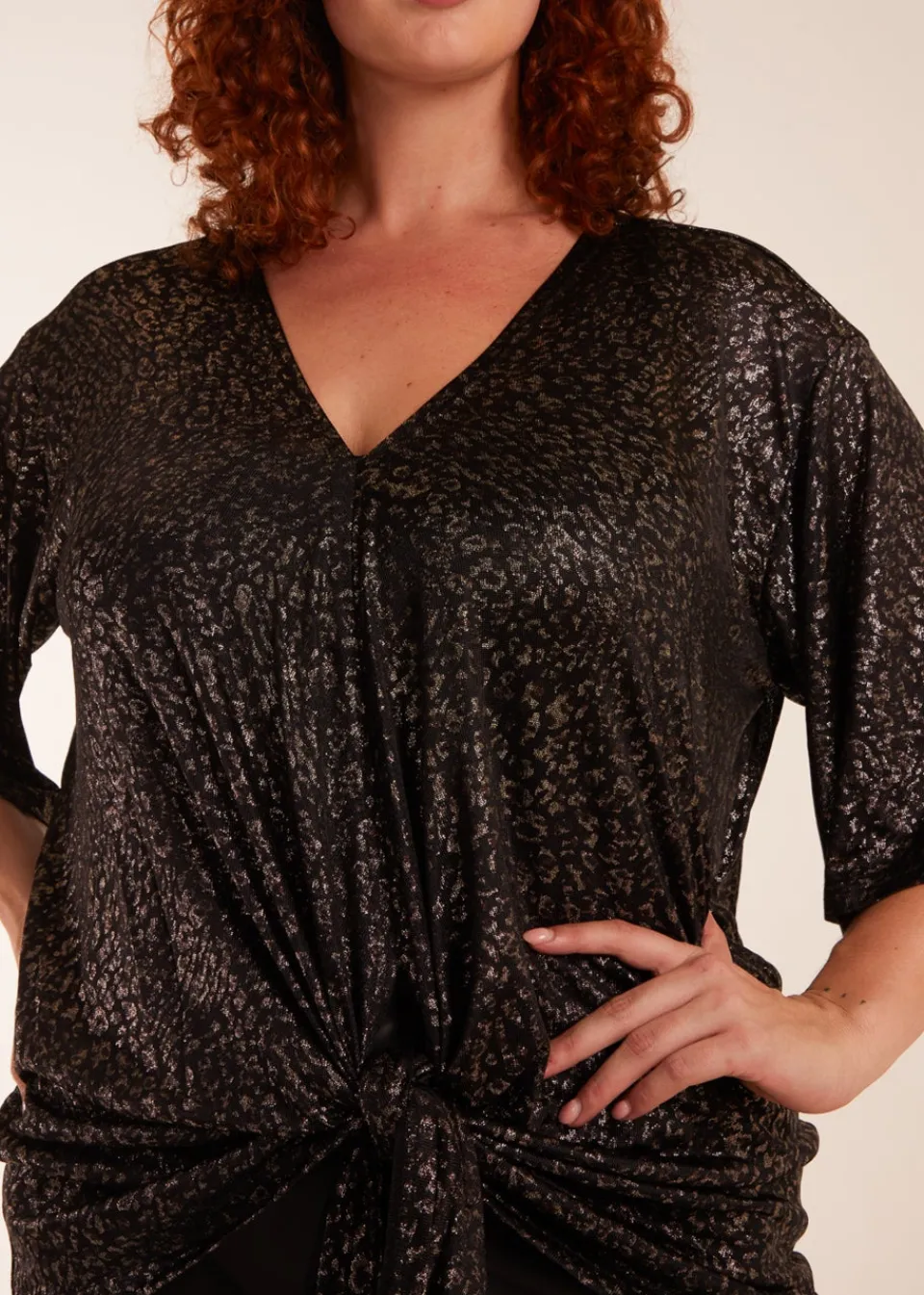 Tops>Blue Vanilla Gold Curve Leopard V Neck Tie Front Top