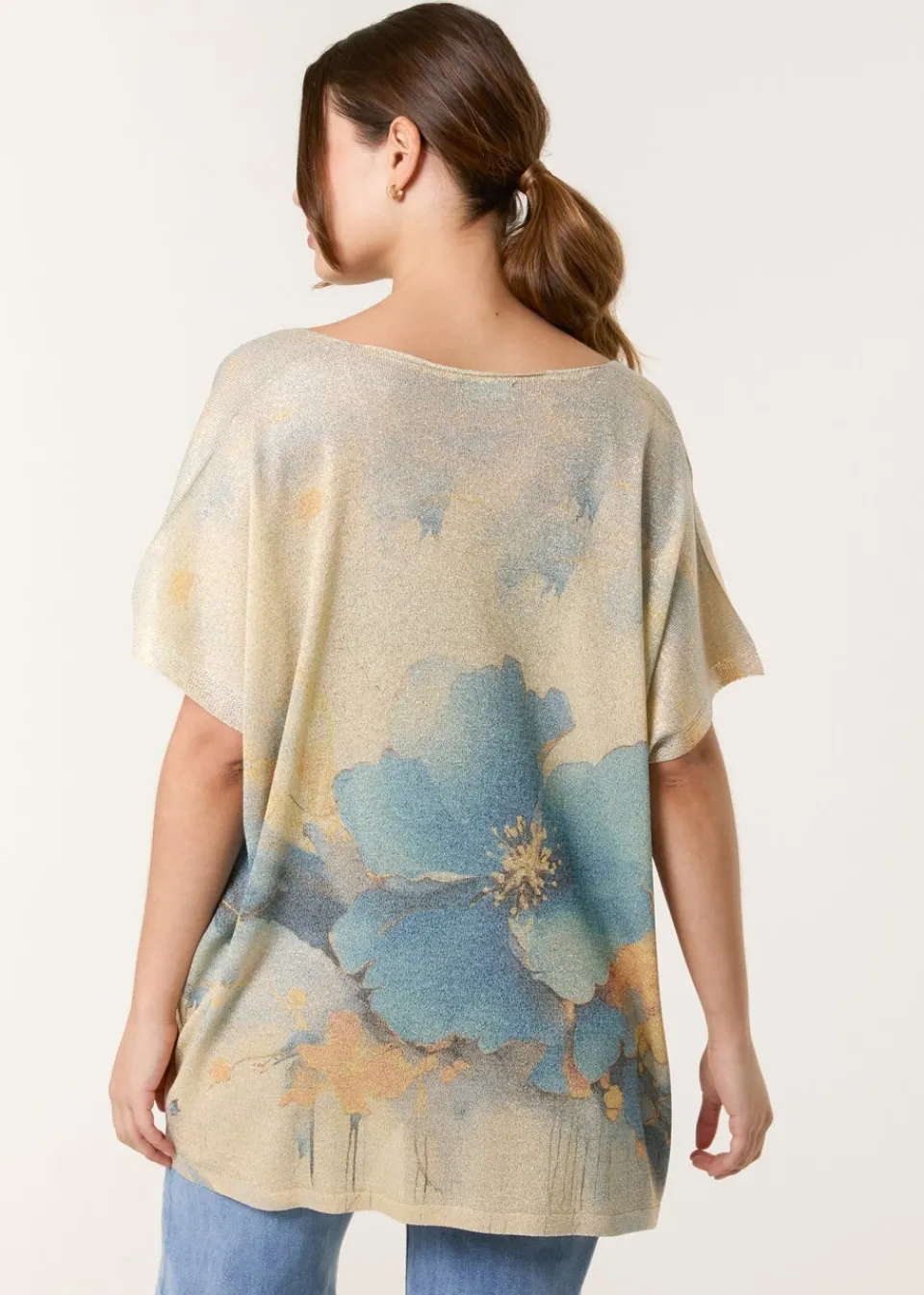 Tops>Blue Vanilla Gold Floral Shimmer Print Knitted Top