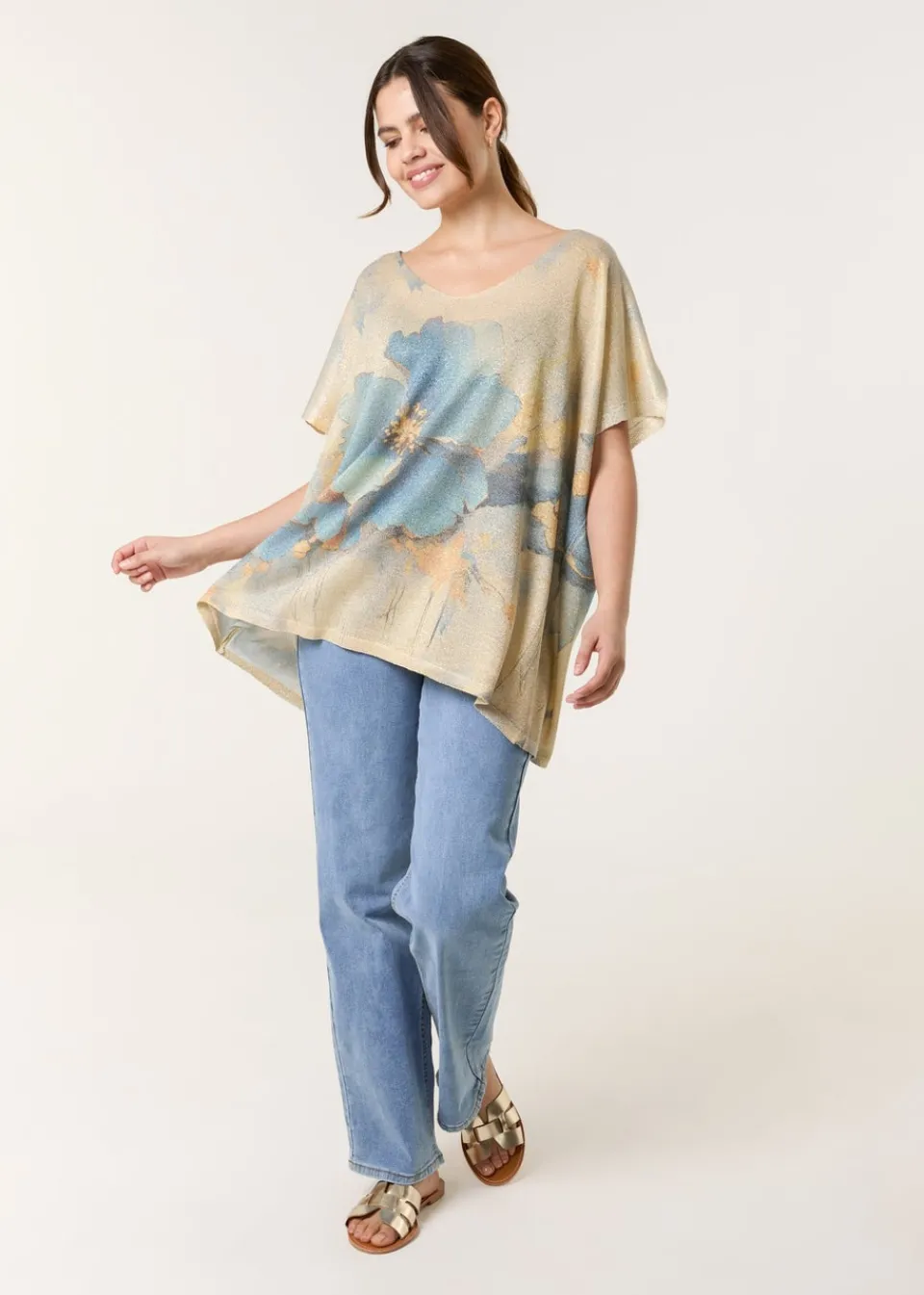 Tops>Blue Vanilla Gold Floral Shimmer Print Knitted Top