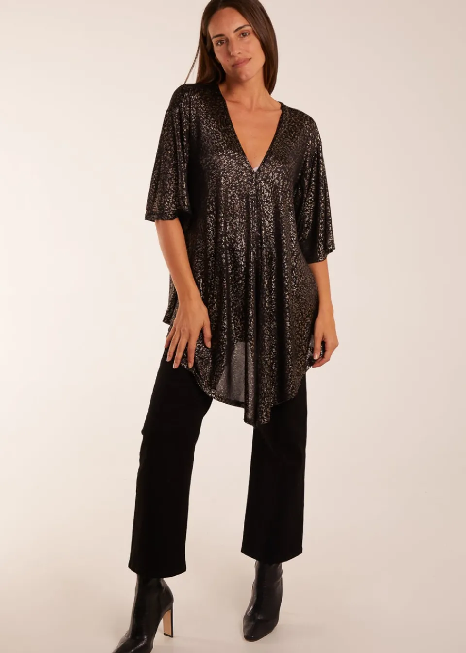 T-Shirts>Blue Vanilla Gold Leopard V Neck Tie Front Top