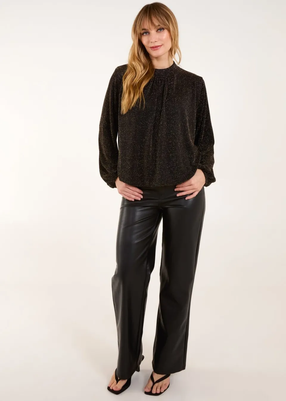 Tops>Blue Vanilla Gold Metallic High Neck Puffball Top