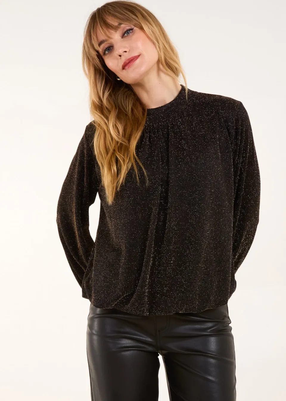 Tops>Blue Vanilla Gold Metallic High Neck Puffball Top