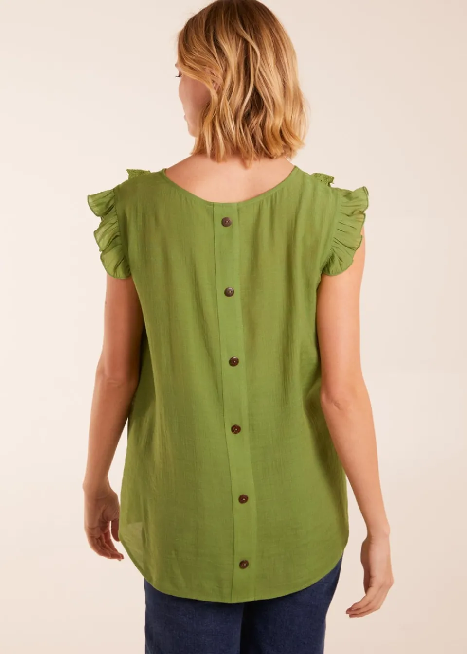 Tops>Blue Vanilla Green Button Back Frill Top