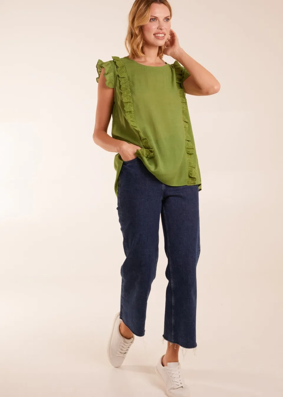Tops>Blue Vanilla Green Button Back Frill Top