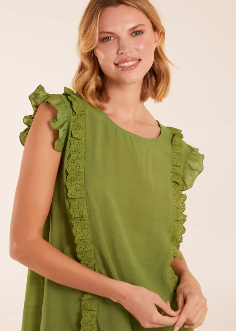 Tops>Blue Vanilla Green Button Back Frill Top