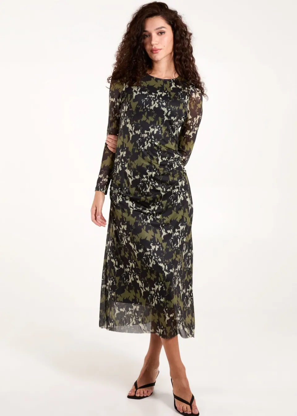 Dresses>Blue Vanilla Green Ruched Mesh Midi Dress