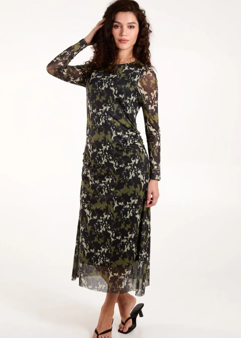 Dresses>Blue Vanilla Green Ruched Mesh Midi Dress
