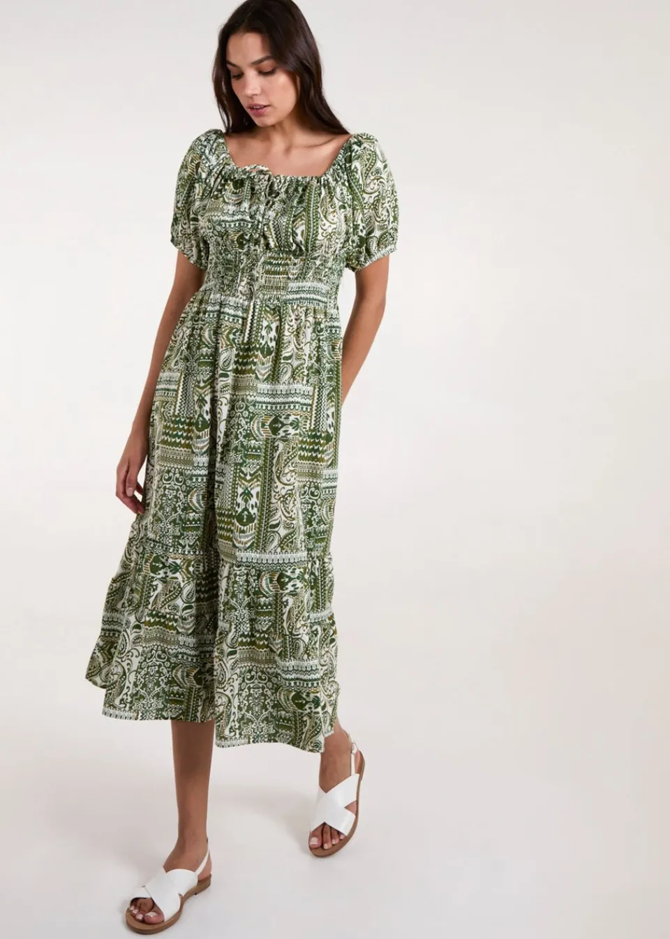 Dresses>Blue Vanilla Green Scoop Neck Paisley Midi Dress