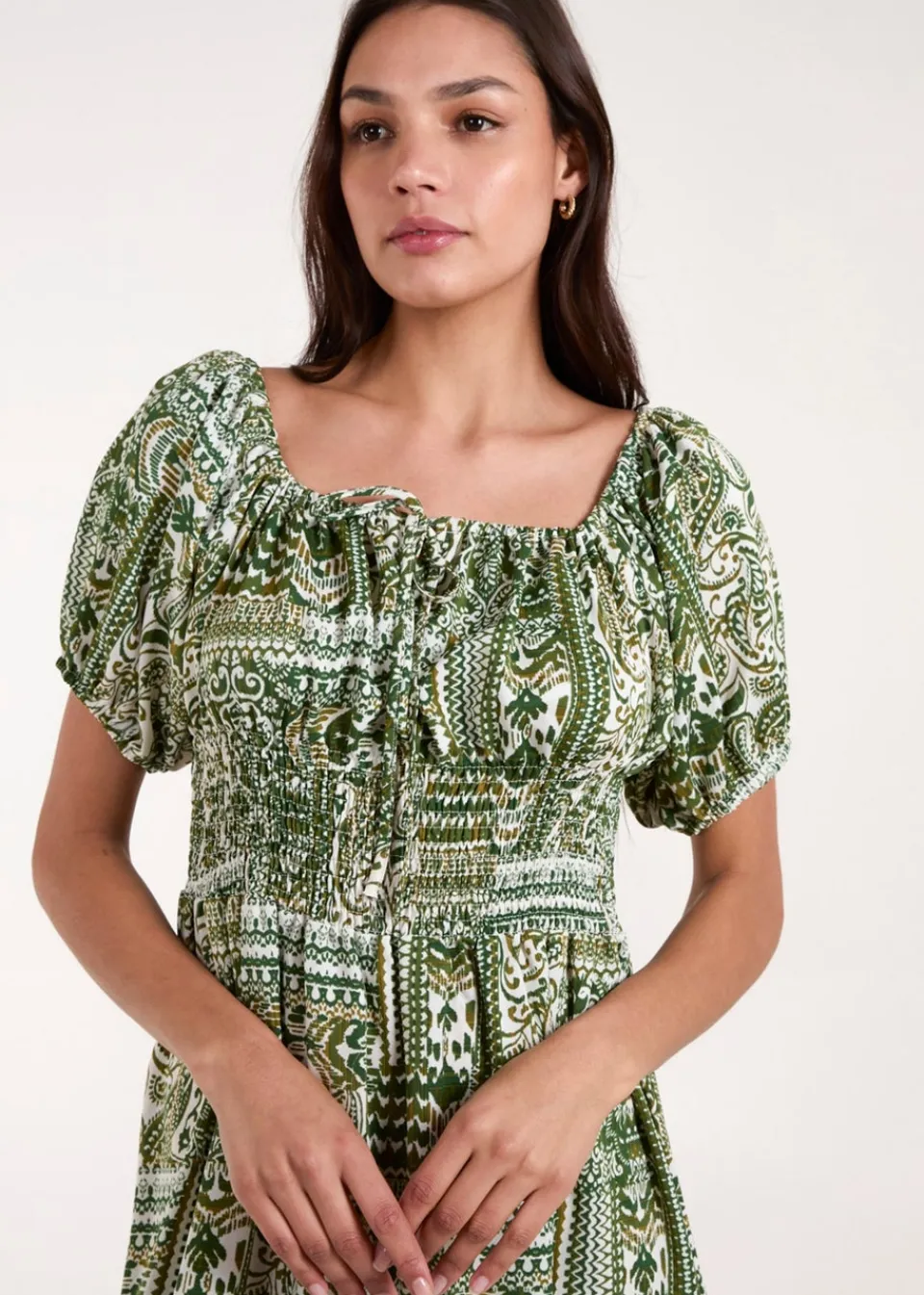 Dresses>Blue Vanilla Green Scoop Neck Paisley Midi Dress