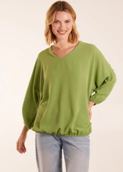 Tops>Blue Vanilla Green V Neck Puff Sleeve Blouse