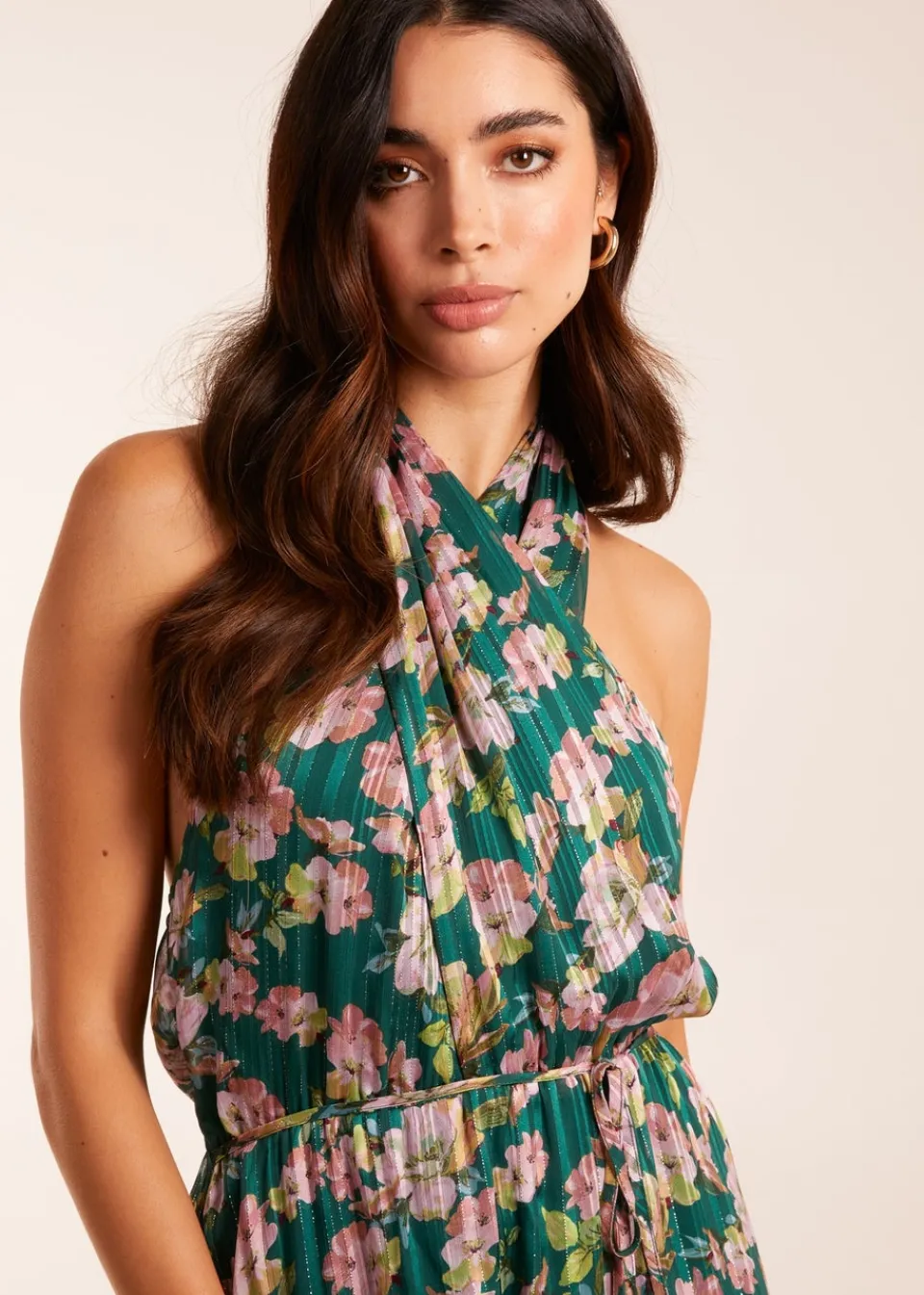 Dresses>Blue Vanilla Green Wrap Halter Neck Pleated Midi Dress