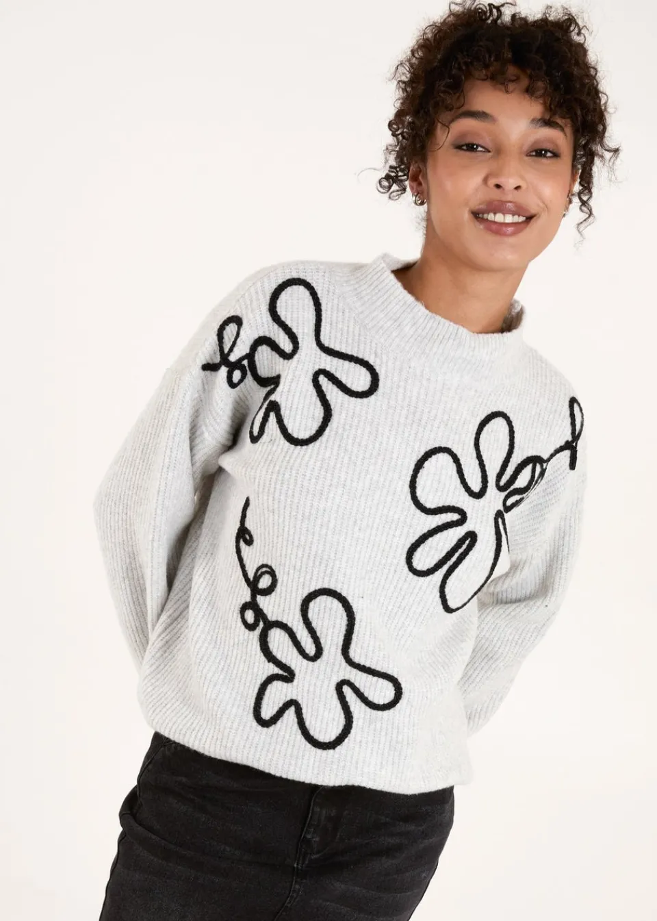 Tops>Blue Vanilla Grey Abstract Flower Embroidery Jumper