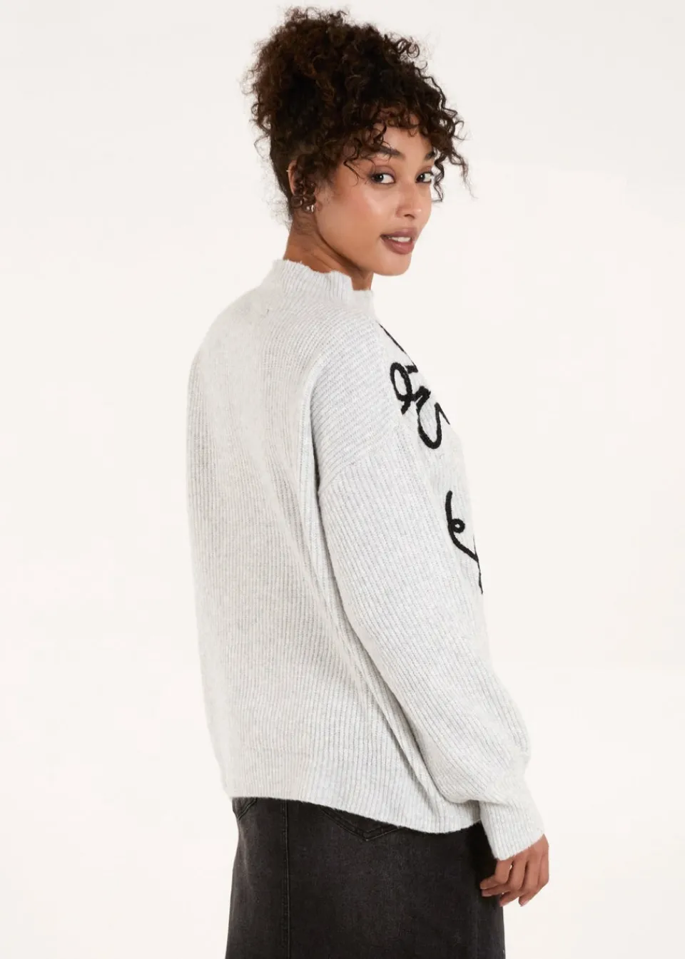 Tops>Blue Vanilla Grey Abstract Flower Embroidery Jumper