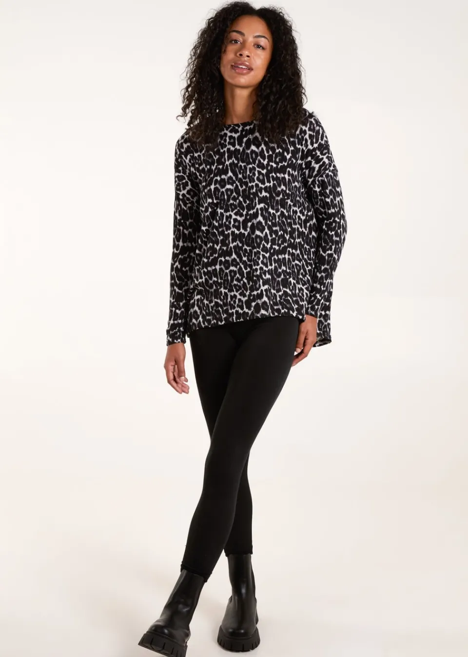 Tops>Blue Vanilla Grey Animal Print Long Sleeve Bow Back Top