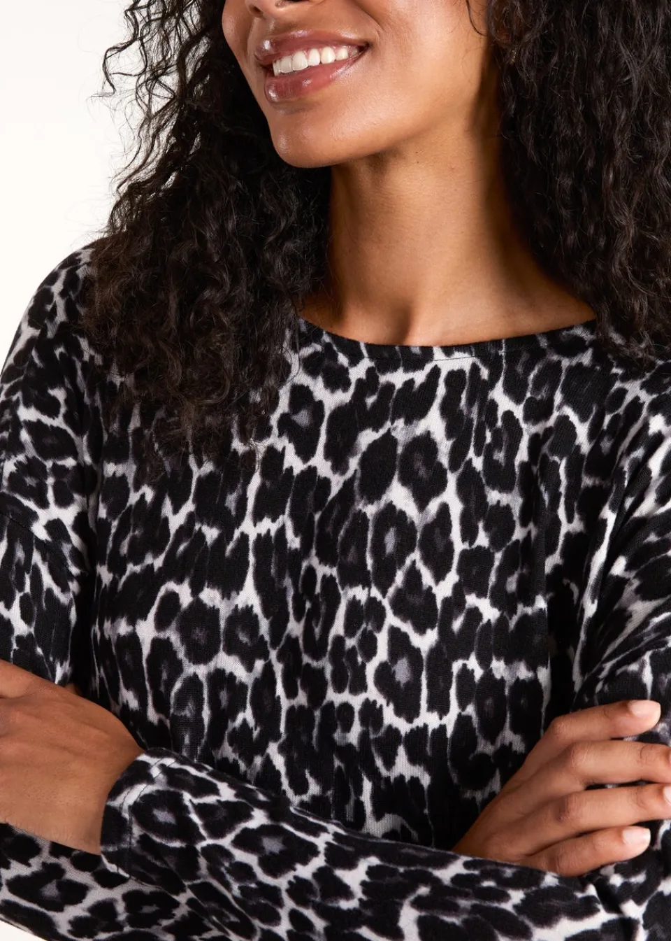 Tops>Blue Vanilla Grey Animal Print Long Sleeve Bow Back Top