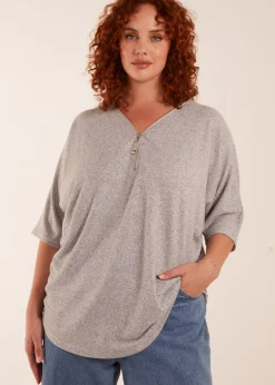 Tops>Blue Vanilla Grey Curve Zip Front Top