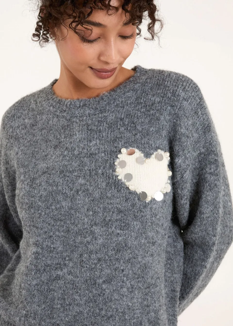 Tops>Blue Vanilla Grey Embellished Heart Knit Jumper