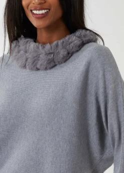 Knitwear>Blue Vanilla Fur Collar Batwing Jumper Grey