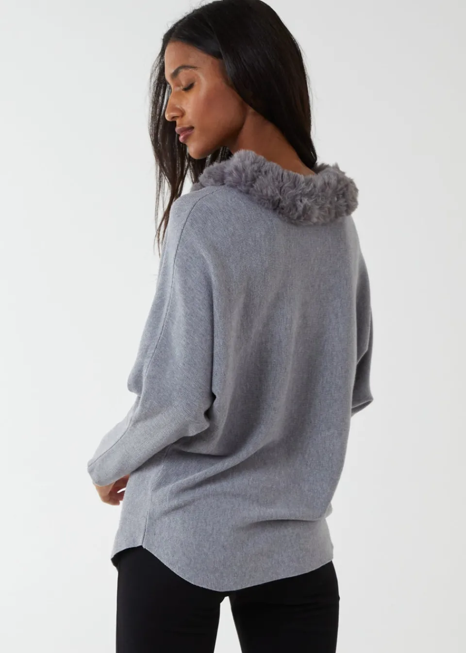 Knitwear>Blue Vanilla Fur Collar Batwing Jumper Grey
