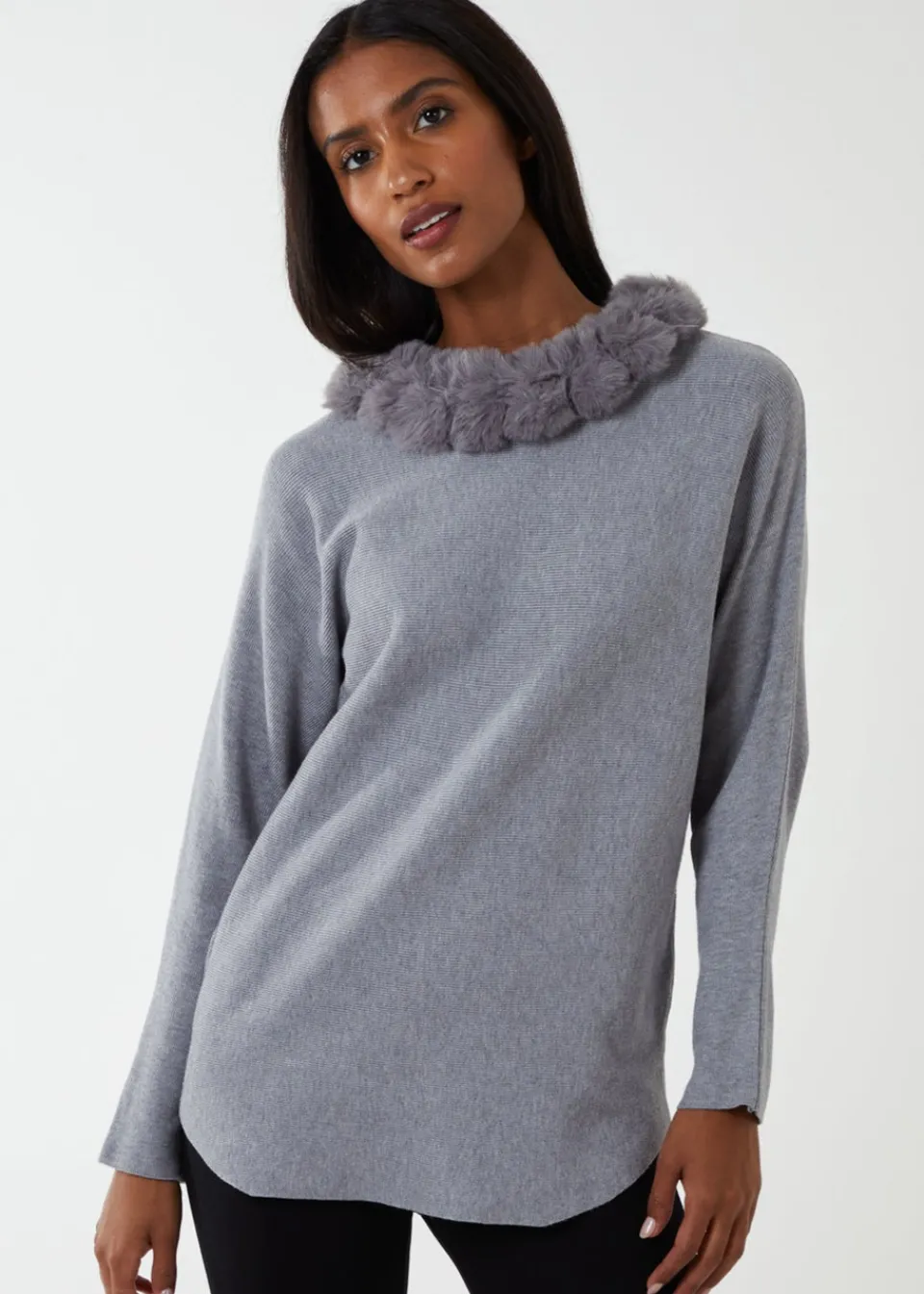 Knitwear>Blue Vanilla Fur Collar Batwing Jumper Grey