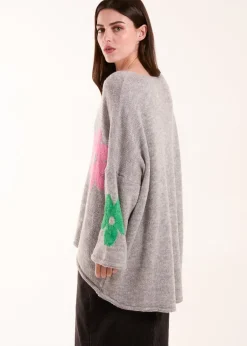 Knitwear>Blue Vanilla Multi Coloured Daisy Flower Print Jumper Grey