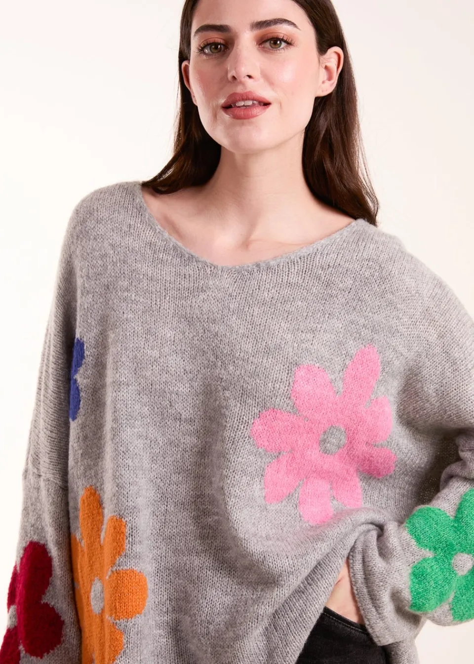 Knitwear>Blue Vanilla Multi Coloured Daisy Flower Print Jumper Grey