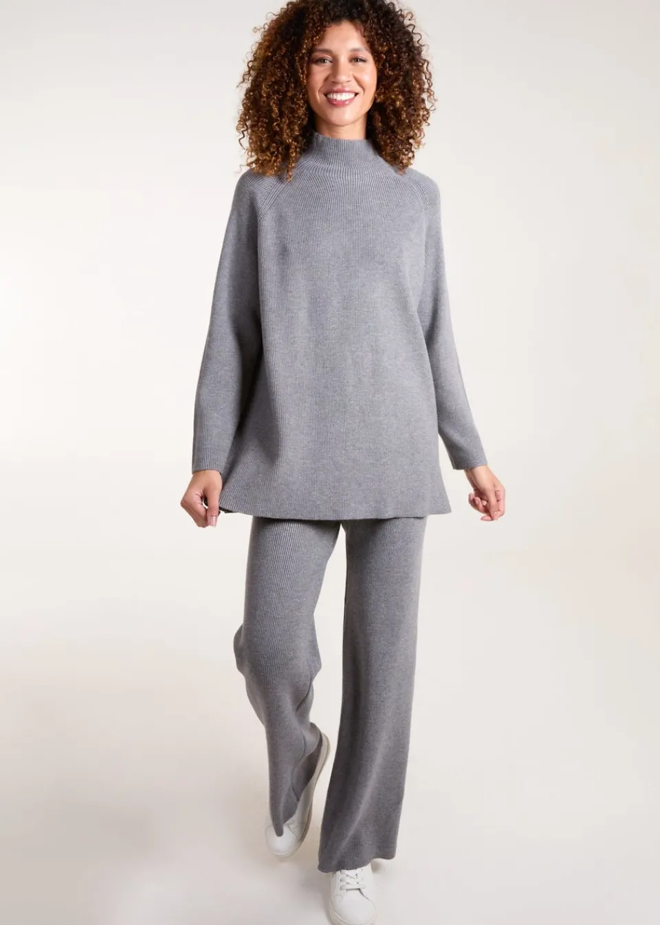 Tops>Blue Vanilla Grey Ribbed High Neck Co-Ord Set