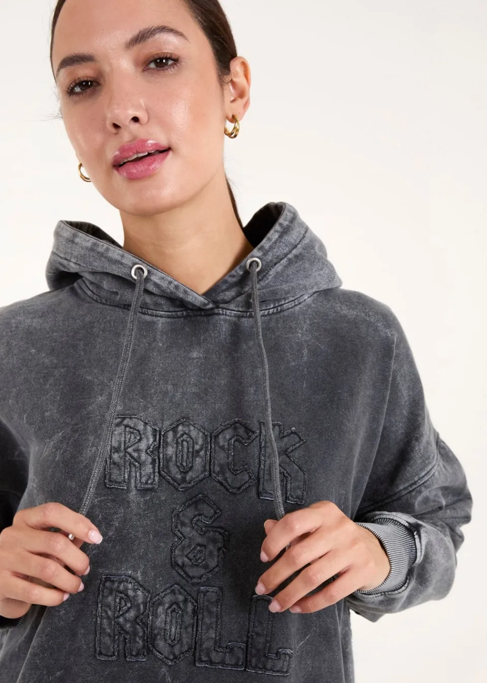 Tops>Blue Vanilla Grey Rock & Roll Acid Wash Hoodie
