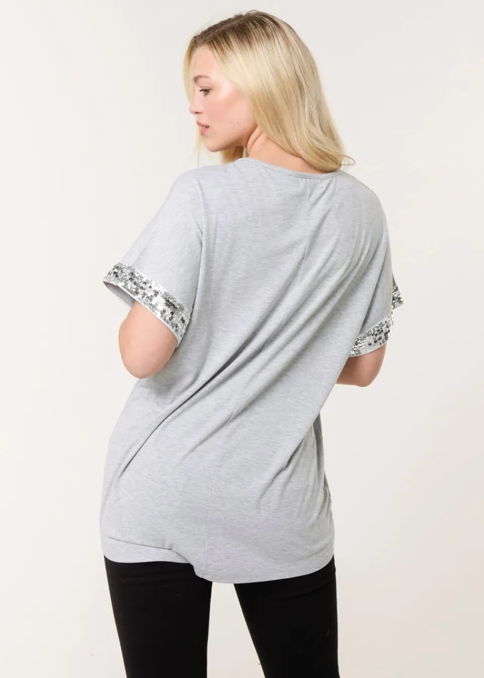 T-Shirts>Blue Vanilla Grey Sequin Trim Oversized Top