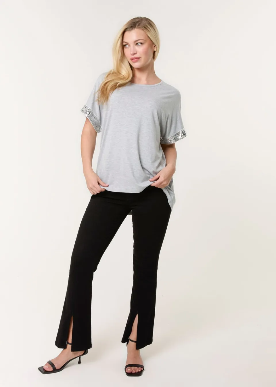 T-Shirts>Blue Vanilla Grey Sequin Trim Oversized Top
