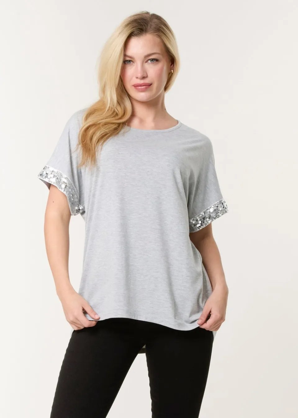 T-Shirts>Blue Vanilla Grey Sequin Trim Oversized Top
