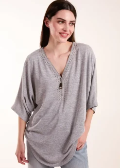 T-Shirts>Blue Vanilla Grey Studded Zip Front Top