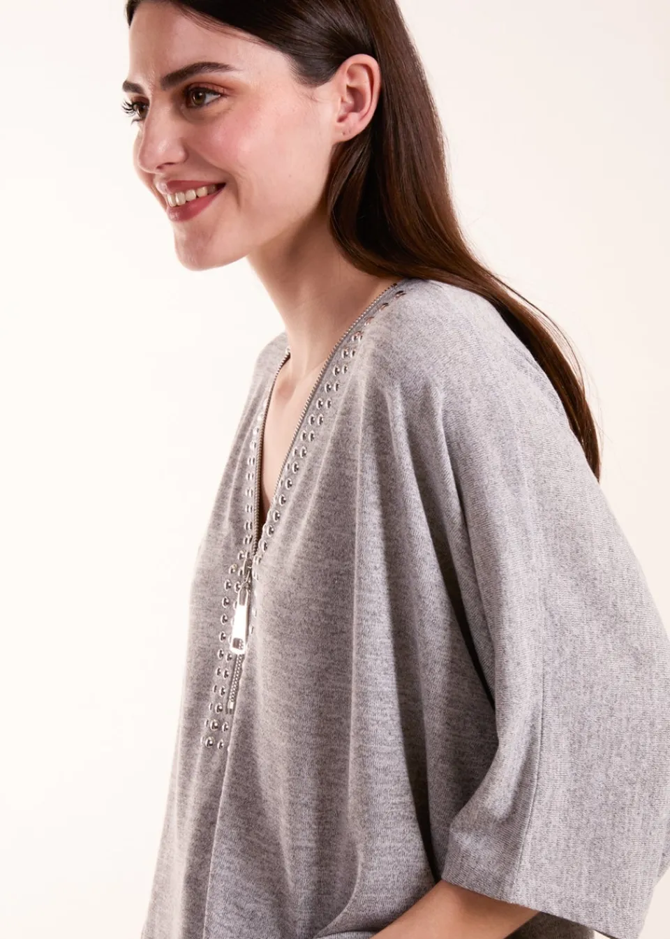 T-Shirts>Blue Vanilla Grey Studded Zip Front Top