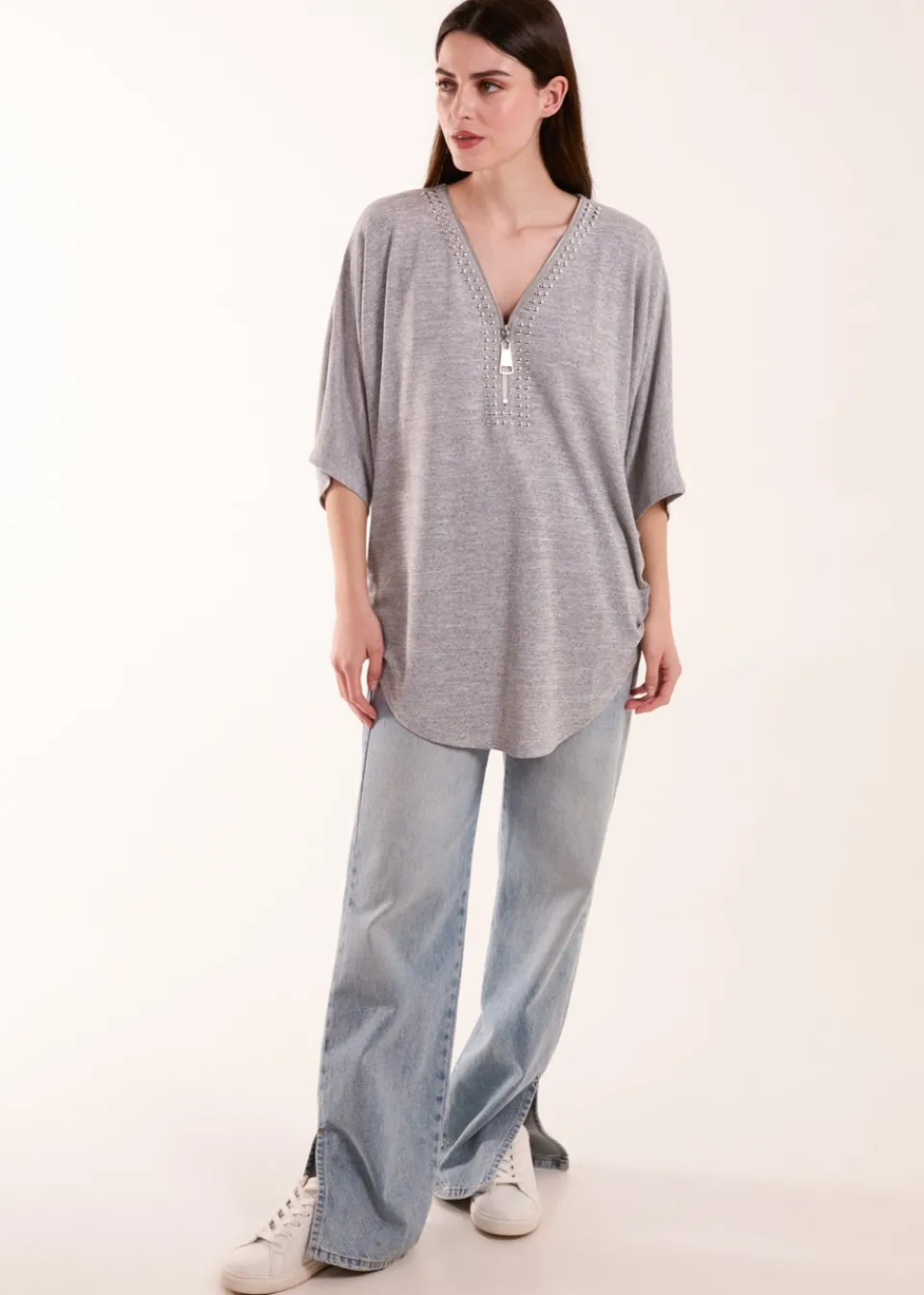 T-Shirts>Blue Vanilla Grey Studded Zip Front Top