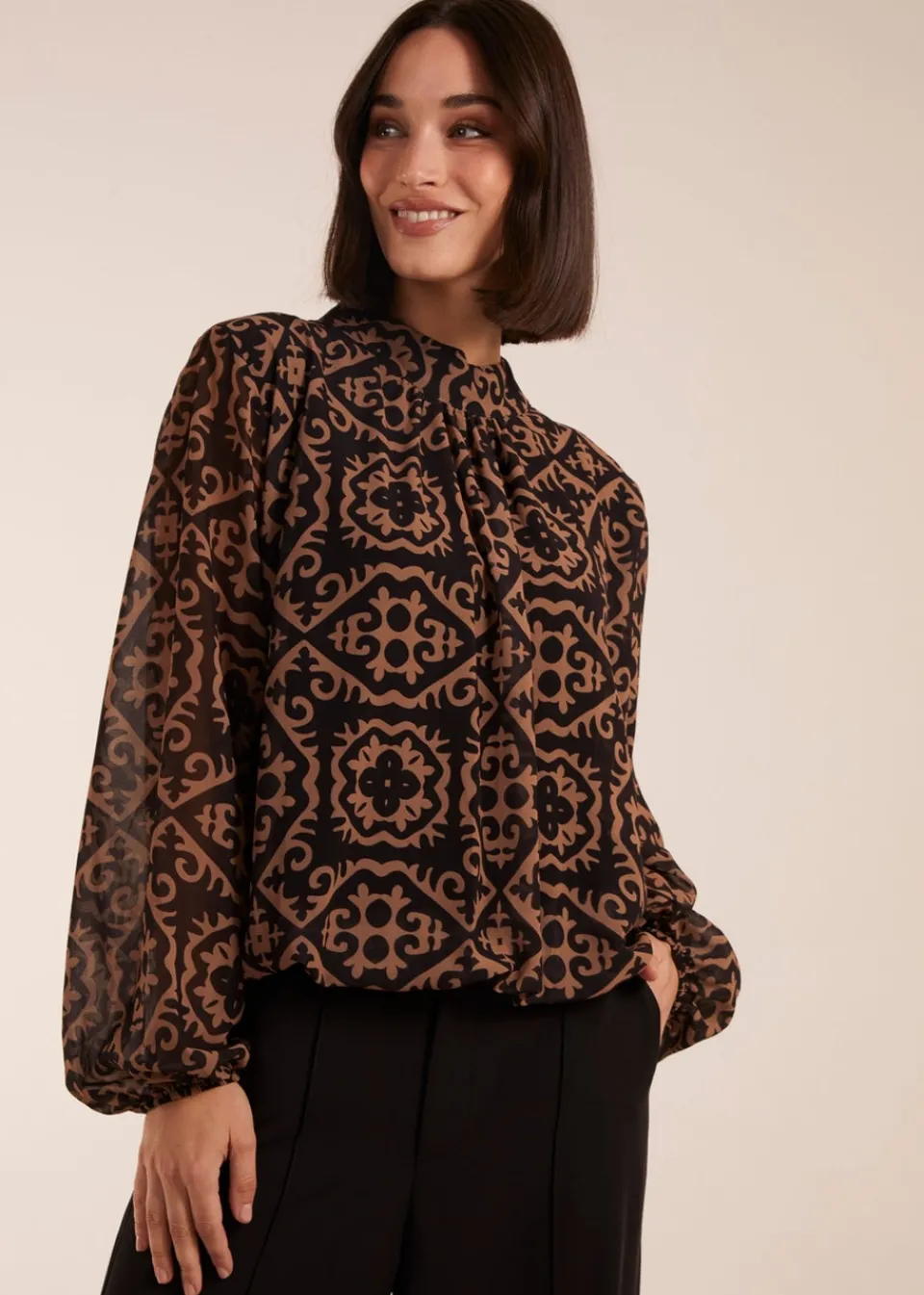 Blouses & Shirts>Blue Vanilla High Neck Baroque Blouse Black