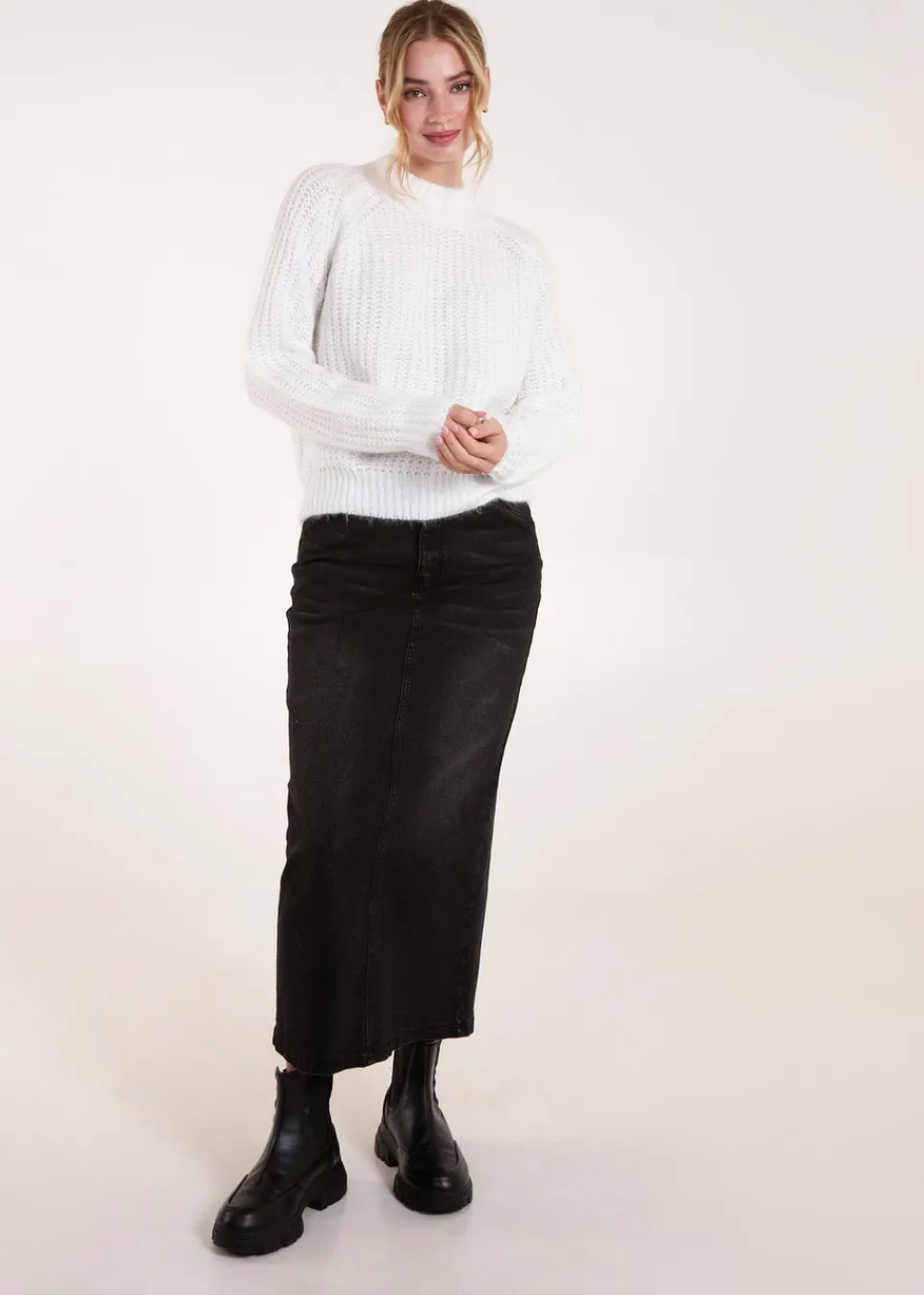 Tops>Blue Vanilla Ivory Cable Knit High Neck Jumper
