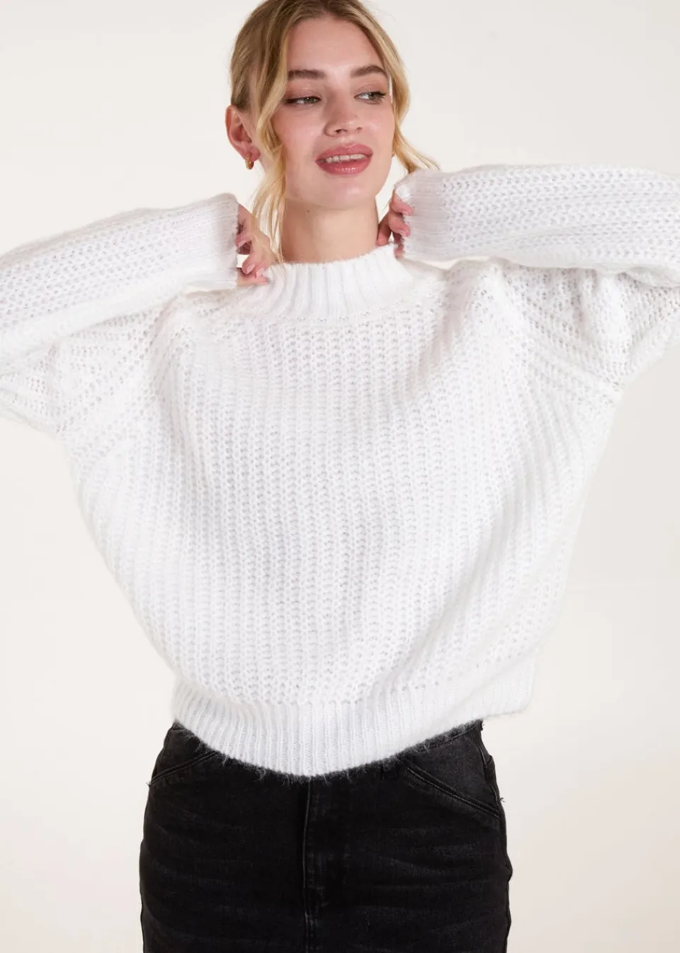 Tops>Blue Vanilla Ivory Cable Knit High Neck Jumper
