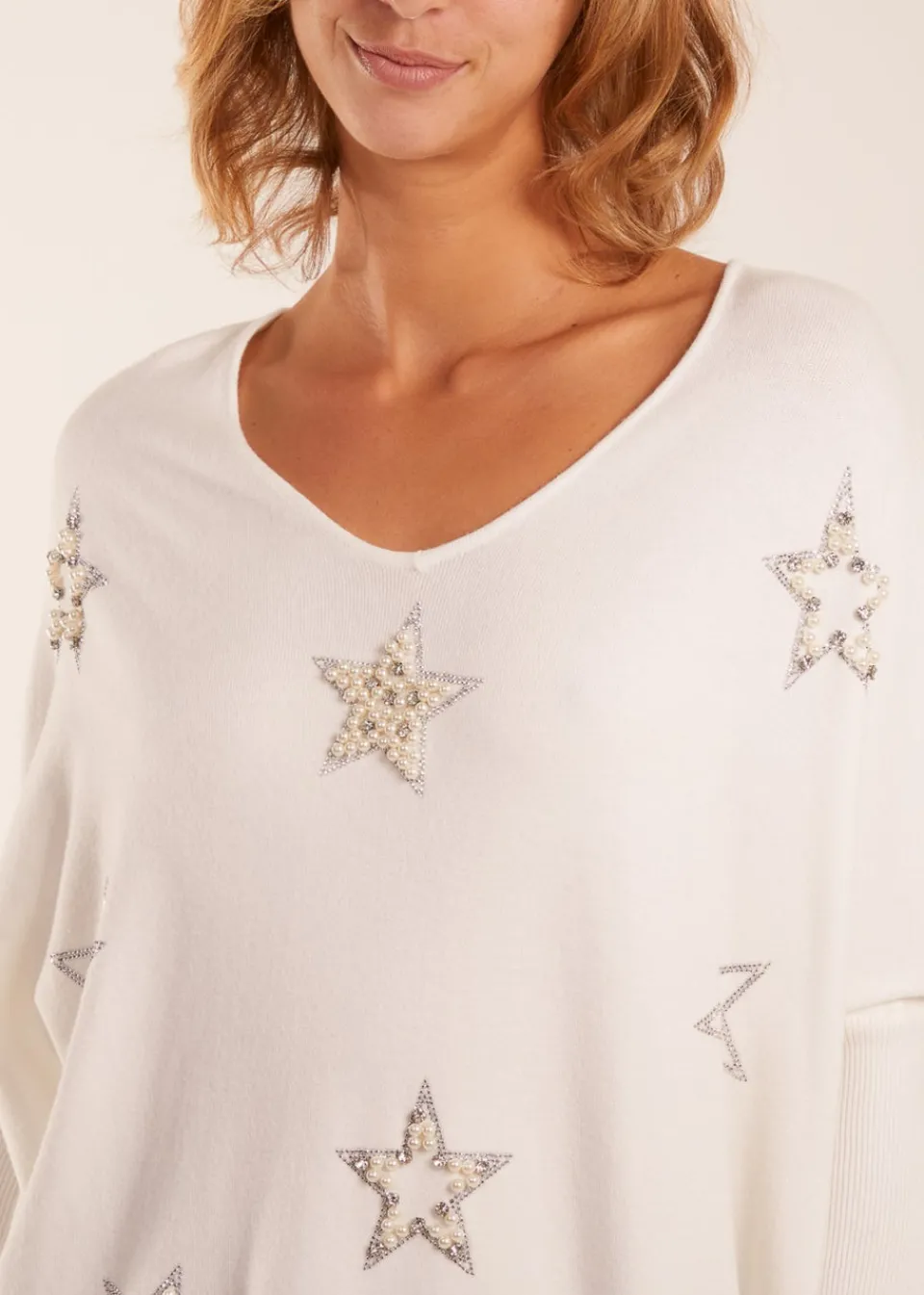 Tops>Blue Vanilla Ivory Diamante Pearl Star Jumper #0818