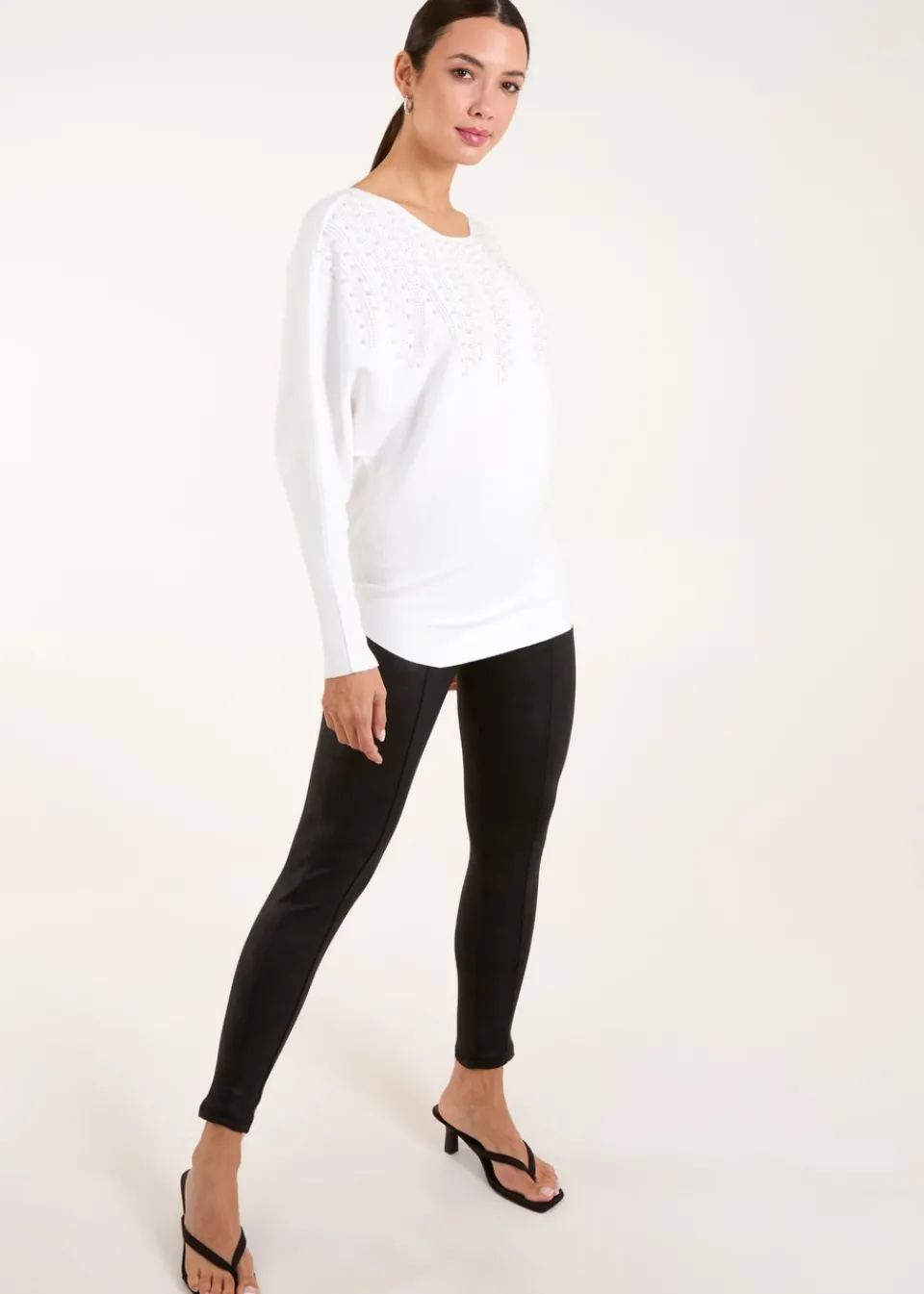 Tops>Blue Vanilla Ivory Embellished Pearl Knitted Jumper