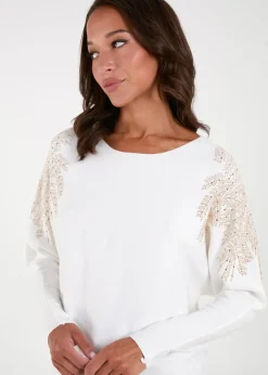 Tops>Blue Vanilla Ivory Embellished Shoulder Jumper