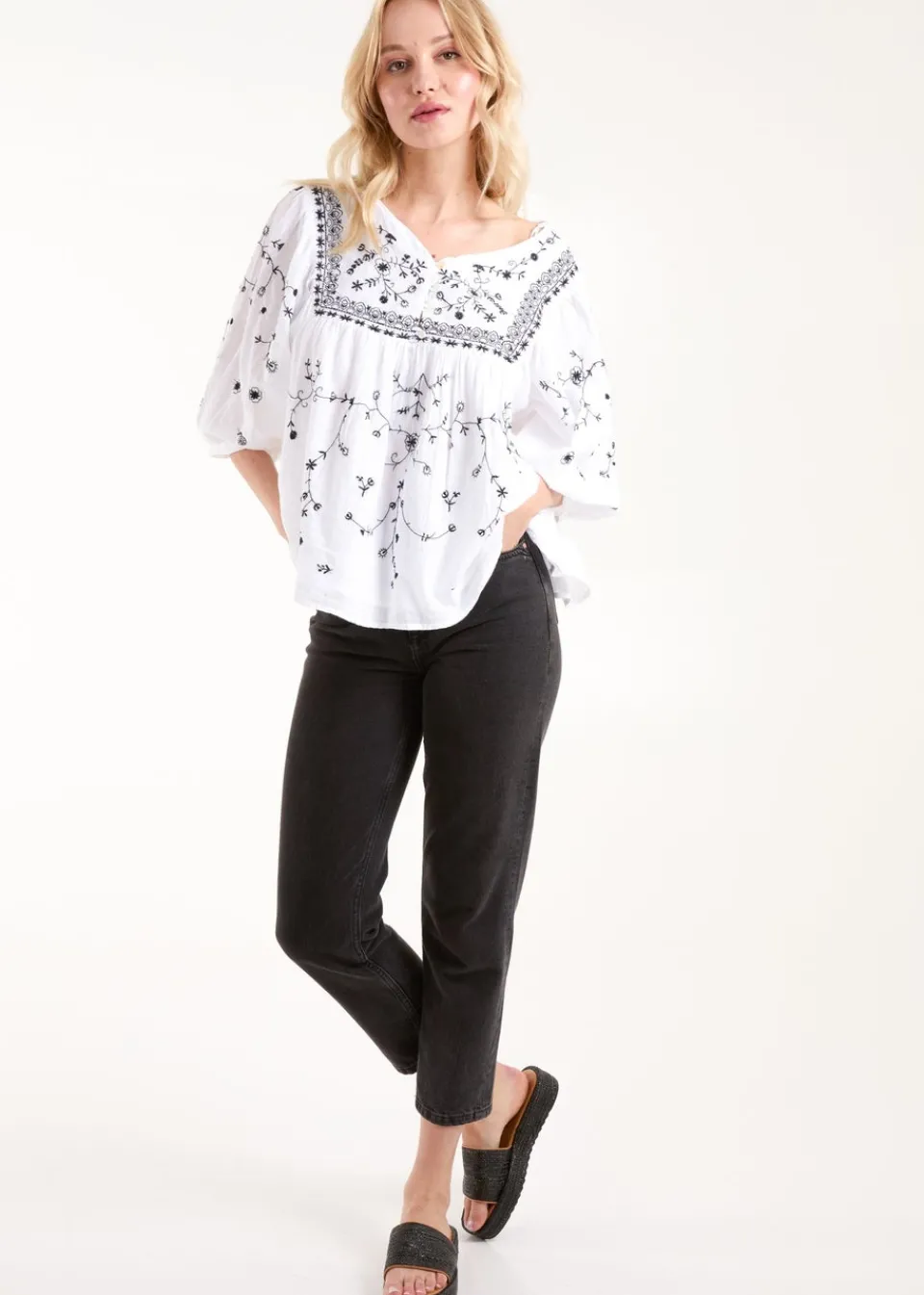 Tops>Blue Vanilla Ivory Embroidered All Over Blouse