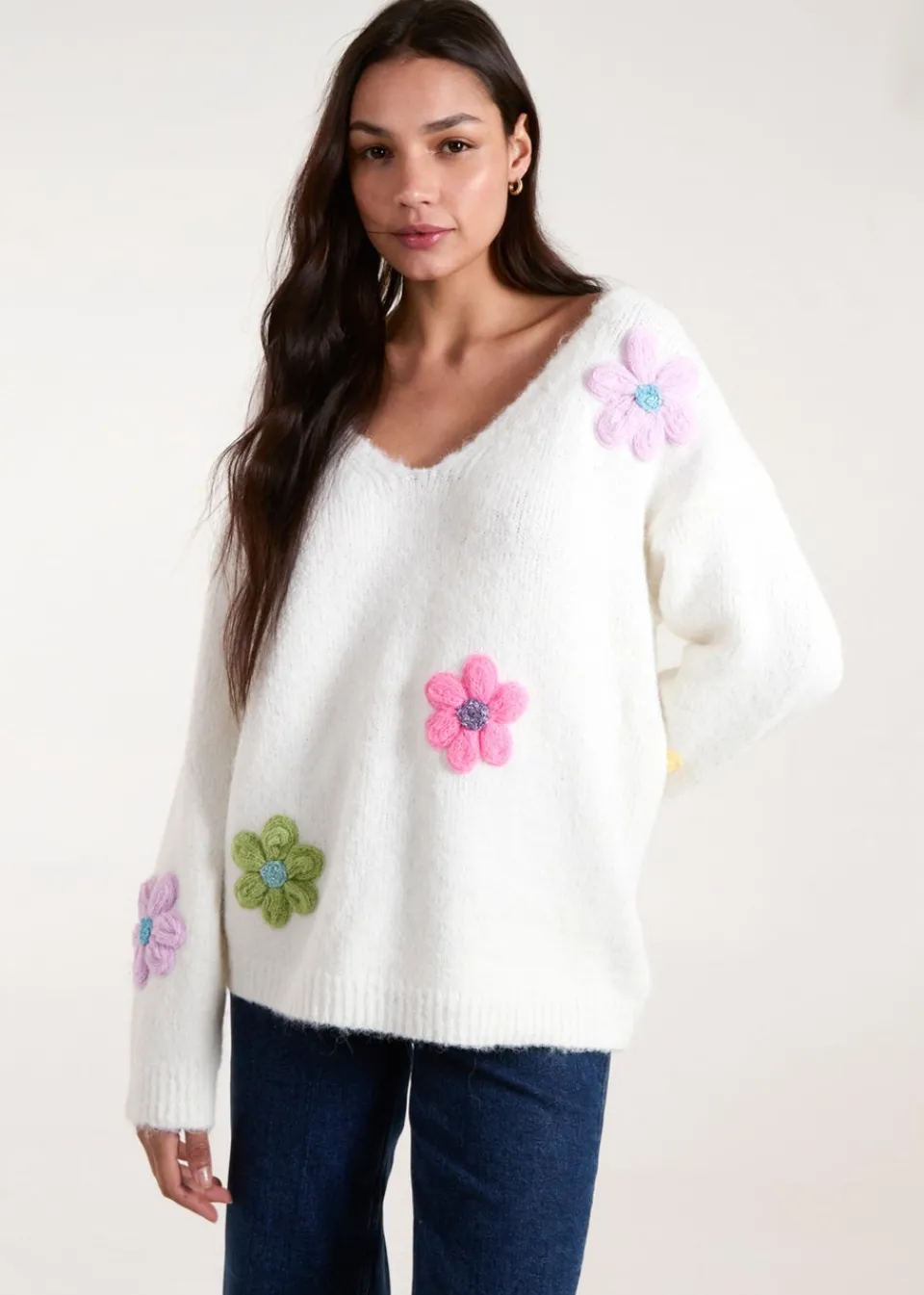 Tops>Blue Vanilla Ivory Flower Knit Embroidery V Neck Jumper