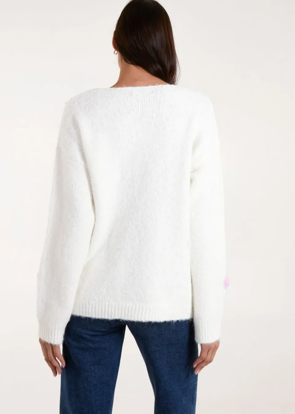 Tops>Blue Vanilla Ivory Flower Knit Embroidery V Neck Jumper