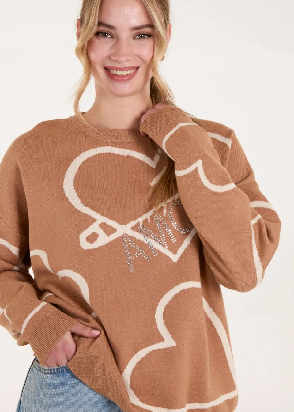 Knitwear>Blue Vanilla Ivory Heart Print 'Amour' Jumper