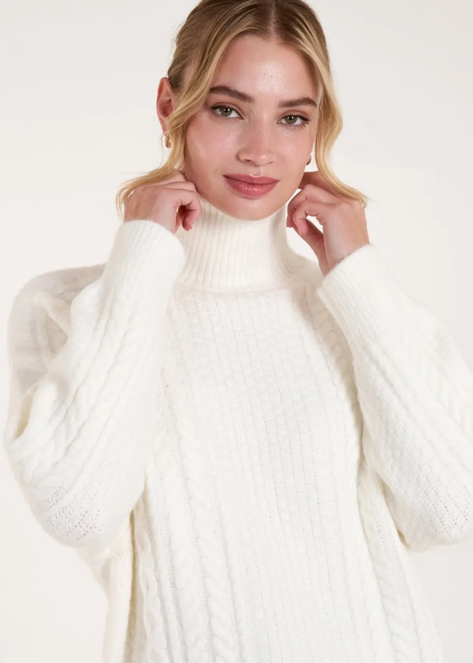 Tops>Blue Vanilla Ivory High Neck Cable Knit Jumper