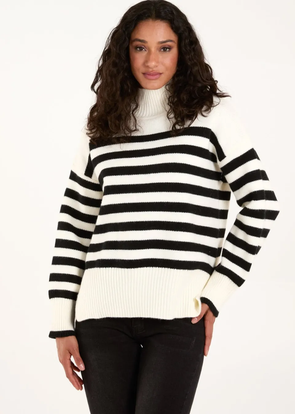 Tops>Blue Vanilla Ivory High Neck Striped Jumper
