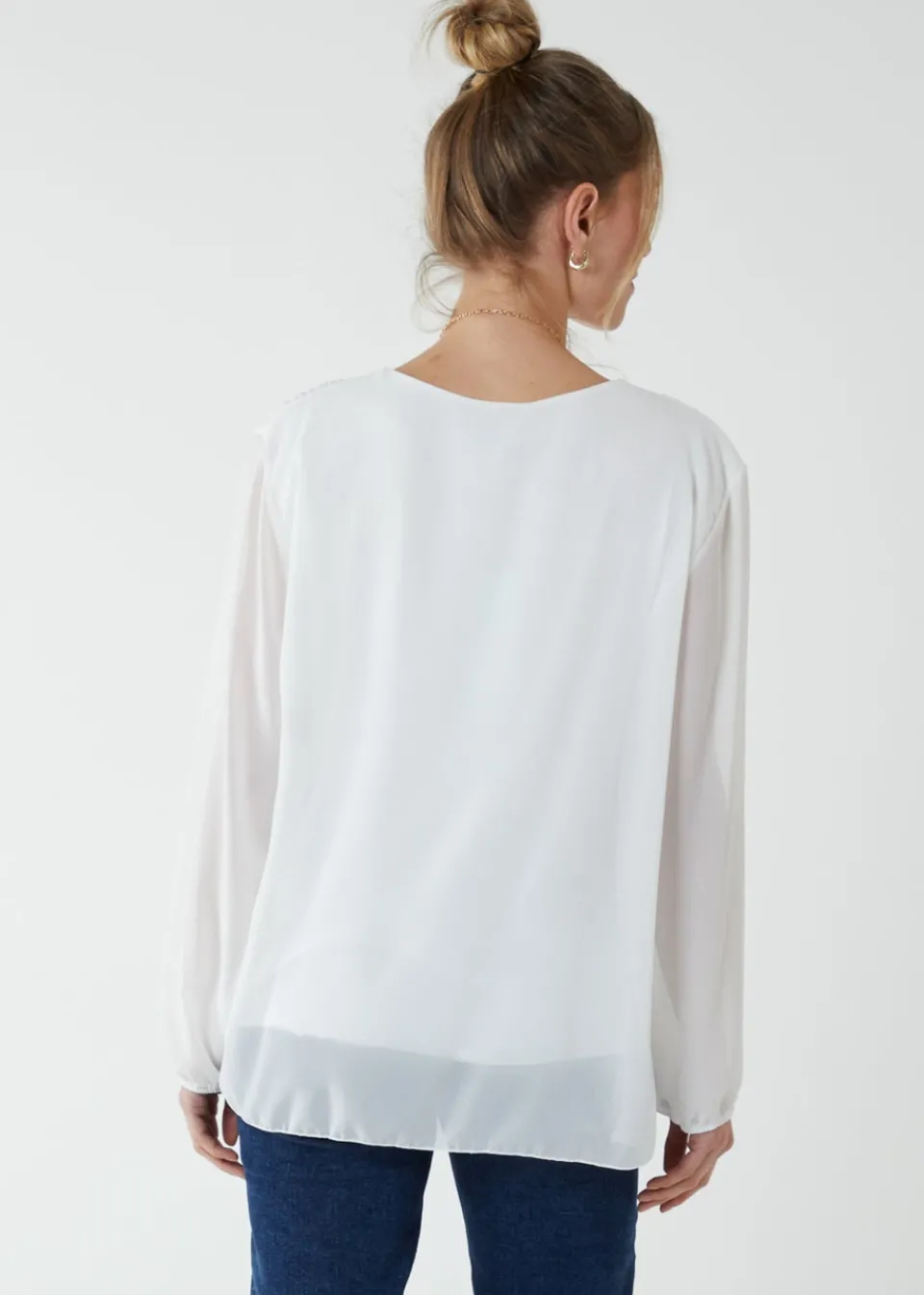 T-Shirts>Blue Vanilla Long Sleeve Pleated Top Ivory
