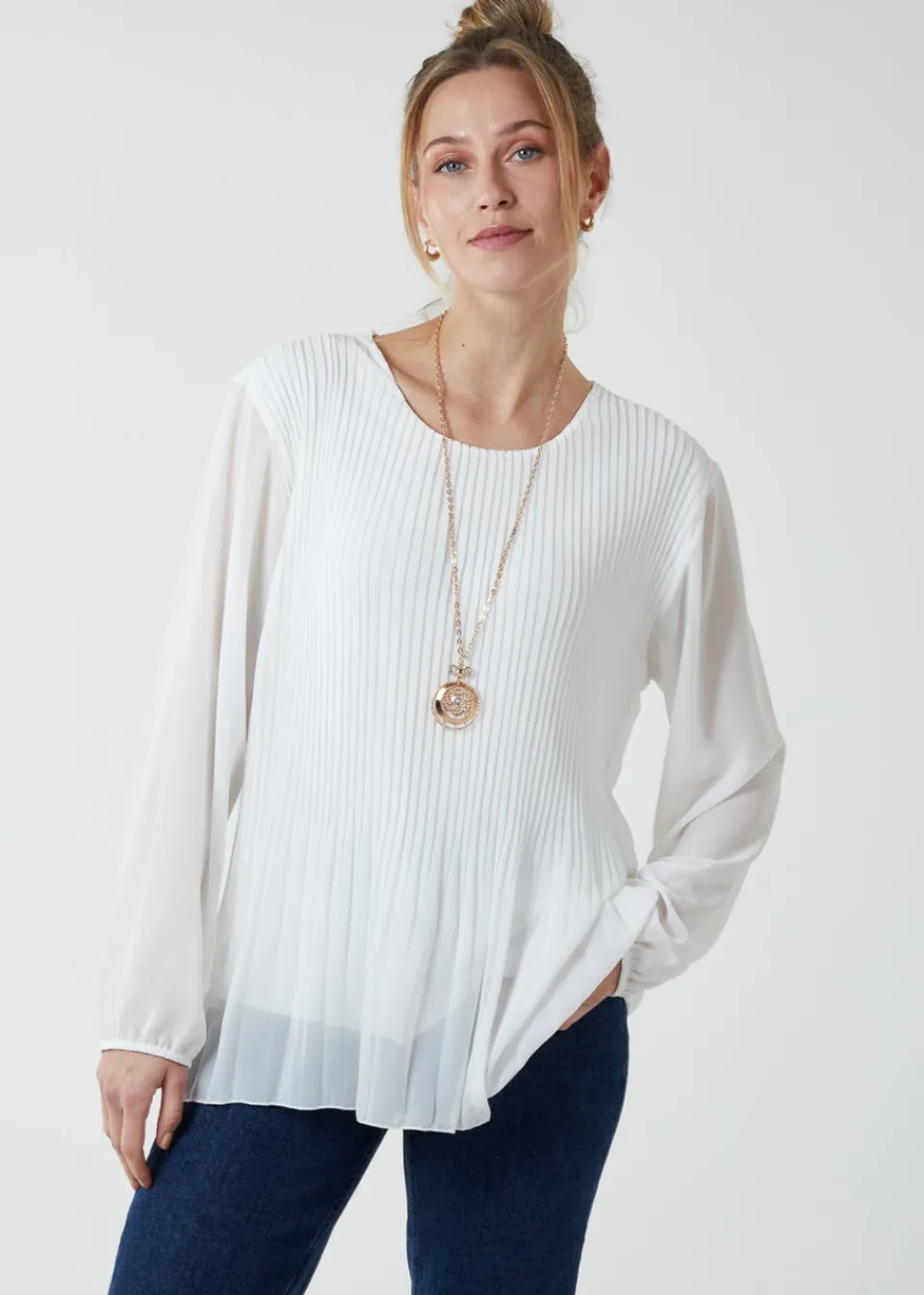 T-Shirts>Blue Vanilla Long Sleeve Pleated Top Ivory