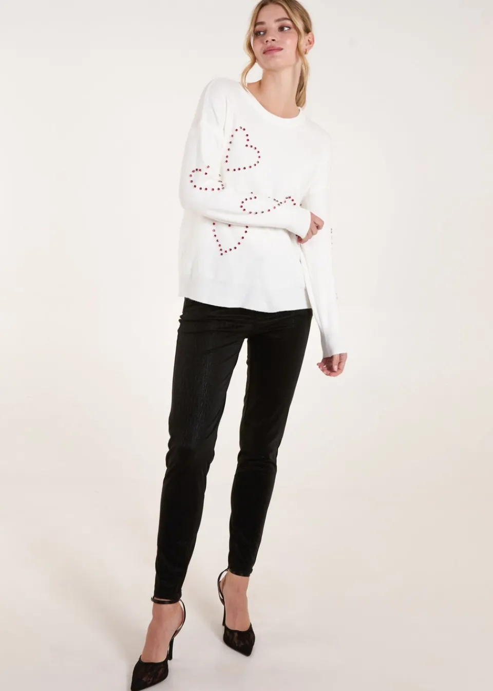 Knitwear>Blue Vanilla Ivory Rhinestone Heart Jumper